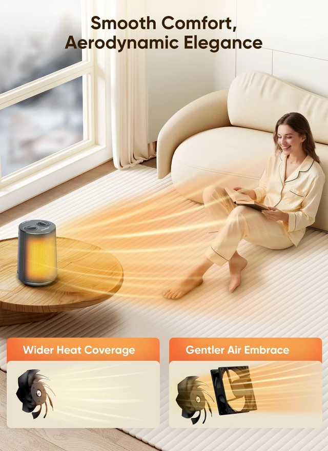 Alt view image 7 of 7 - Space Heater, 1500W Portable Heaters for Indoor Use | PTC Ceramic Heater, Heating and Fan Modes, Overheat & Tip-Over Protection for Bedroom, Office and Desk, Grey