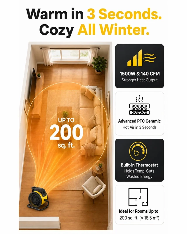 Alt view image 2 of 7 - 1500W Electric Space Heater for Indoor Use, Portable Ceramic Heater | 3S Fast Heating, 3 Heat Modes & Thermostat, ETL Certified, Garage Greenhouse Workshop Heater, 15° Adjustable Angle