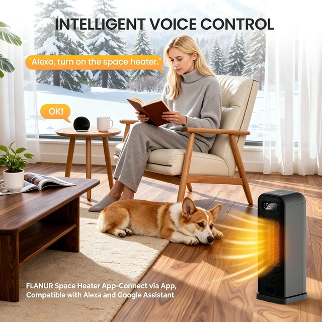 Alt view image 2 of 7 - Space Heater for Indoor Use, 1500W Smart Electric Heater, Black | 15.5 Inch Portable Heater for Office Bedroom , App and Voice Control, ECO Thermostat, 36dB Quiet, 70° Oscillation, 12H Timer