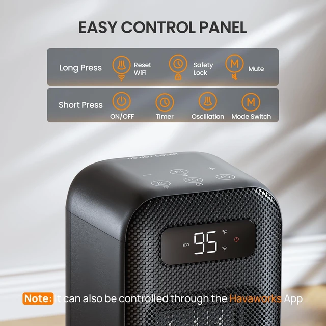 Alt view image 3 of 7 - Space Heater for Indoor Use, 1500W Smart Electric Heater, Black | 15.5 Inch Portable Heater for Office Bedroom , App and Voice Control, ECO Thermostat, 36dB Quiet, 70° Oscillation, 12H Timer