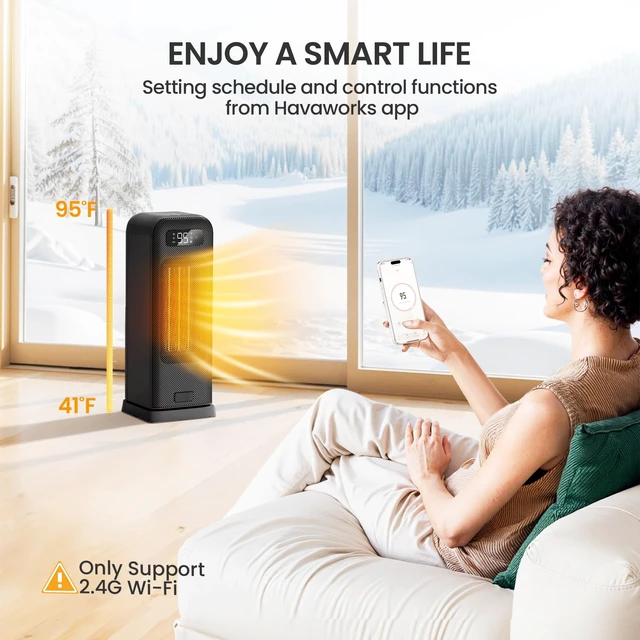Alt view image 5 of 7 - Space Heater for Indoor Use, 1500W Smart Electric Heater, Black | 15.5 Inch Portable Heater for Office Bedroom , App and Voice Control, ECO Thermostat, 36dB Quiet, 70° Oscillation, 12H Timer