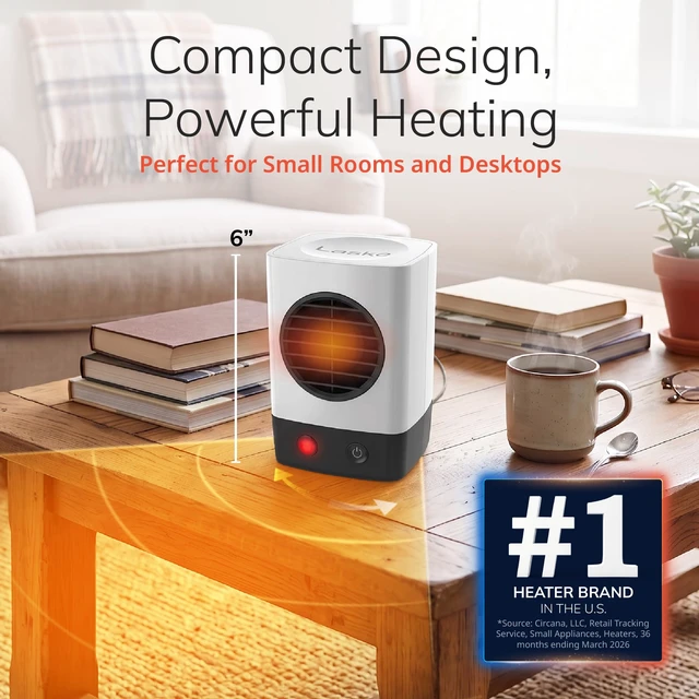 Alt view image 2 of 7 - 6" MyHeat Mini Ceramic Space Heater with Easy Controls - White - 201 | 400W, 1 Heat Setting, Compact Portable Heater for Office, Bedroom, Tabletop, Desktop, and Indoor Use, Overheat Protection