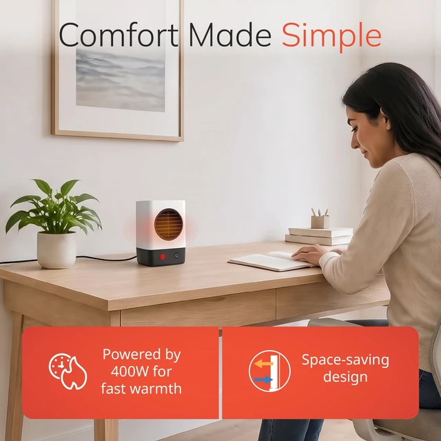 Alt view image 4 of 7 - 6" MyHeat Mini Ceramic Space Heater with Easy Controls - White - 201 | 400W, 1 Heat Setting, Compact Portable Heater for Office, Bedroom, Tabletop, Desktop, and Indoor Use, Overheat Protection