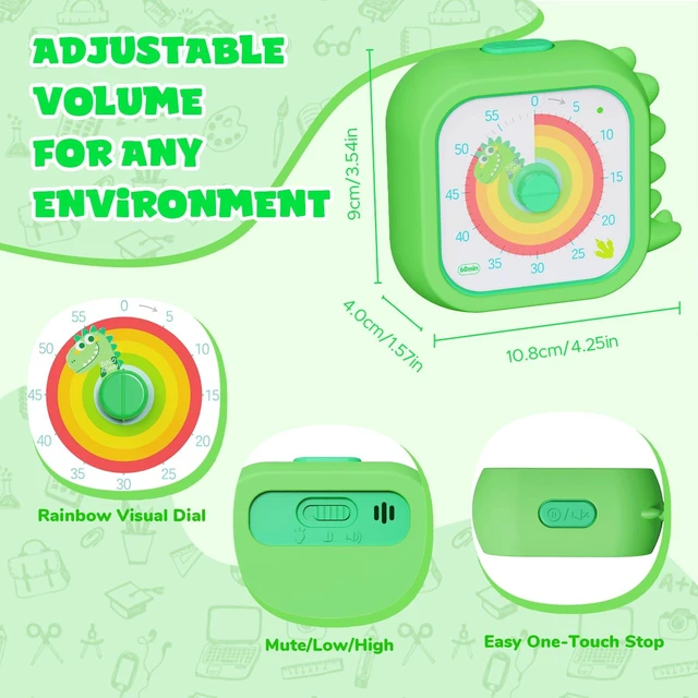 Alt view image 2 of 6 - Dinosaur Visual Timer for Kids, 60 Min Countdown, 3 Sound Modes | Cute Pomodoro rainbow timer disk timer for classroom, home study, kids desk, office desk, meetings, time management tool