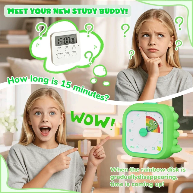 Alt view image 5 of 6 - Dinosaur Visual Timer for Kids, 60 Min Countdown, 3 Sound Modes | Cute Pomodoro rainbow timer disk timer for classroom, home study, kids desk, office desk, meetings, time management tool