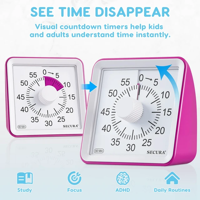 Alt view image 2 of 7 - Visual Timer for Kids, 60 Minute Classroom Countdown Timer for Study | Non-Ticking, Adjustable Alarm Volume/Duration, Low Power Reminder, Time Management Tool for ADHD (Violet & Violet)