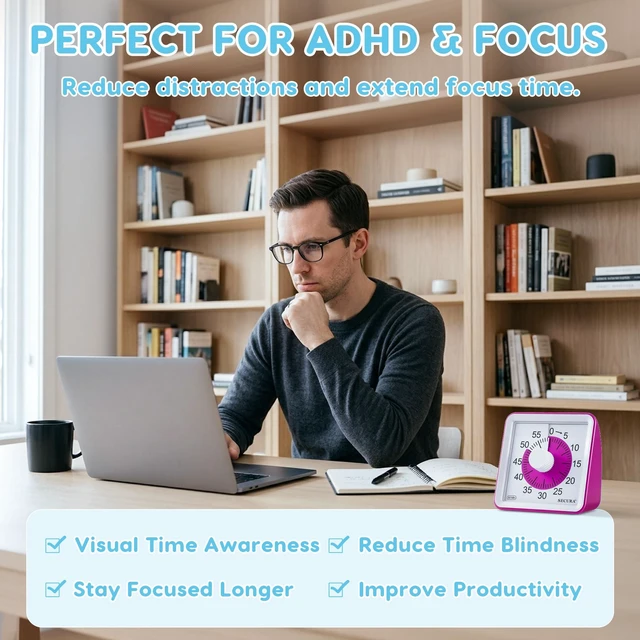 Alt view image 4 of 7 - Visual Timer for Kids, 60 Minute Classroom Countdown Timer for Study | Non-Ticking, Adjustable Alarm Volume/Duration, Low Power Reminder, Time Management Tool for ADHD (Violet & Violet)