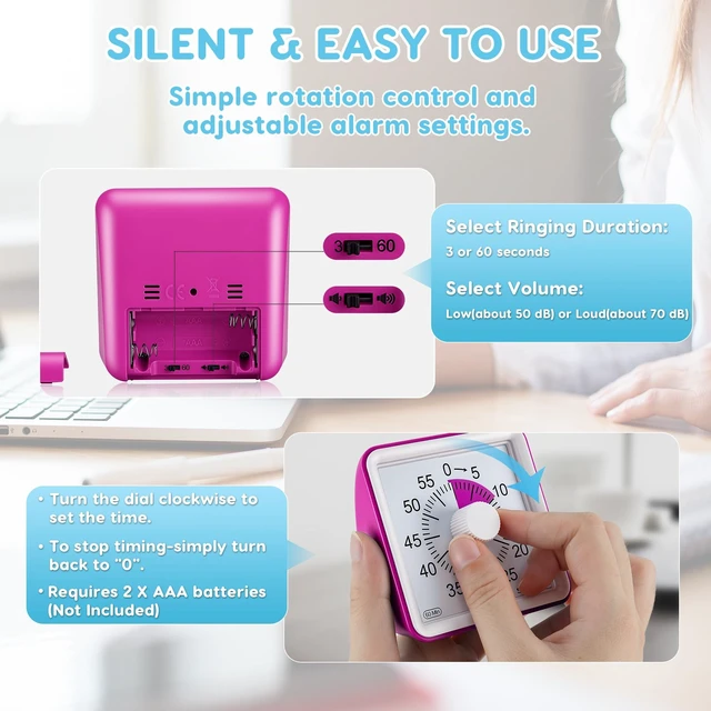 Alt view image 5 of 7 - Visual Timer for Kids, 60 Minute Classroom Countdown Timer for Study | Non-Ticking, Adjustable Alarm Volume/Duration, Low Power Reminder, Time Management Tool for ADHD (Violet & Violet)