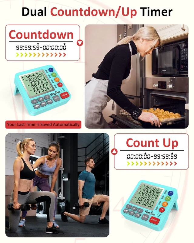 Alt view image 6 of 7 - Digital Kitchen Timer with 4 Channel, Loud Alarm and Silent Mode | Magnetic Cooking Timer with Count Up & Countdown for Kids and Seniors, Large Display to Read, Auto Memory, Battery Included