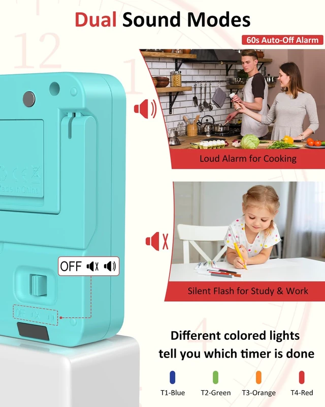 Alt view image 5 of 7 - Digital Kitchen Timer with 4 Channel, Loud Alarm and Silent Mode | Magnetic Cooking Timer with Count Up & Countdown for Kids and Seniors, Large Display to Read, Auto Memory, Battery Included