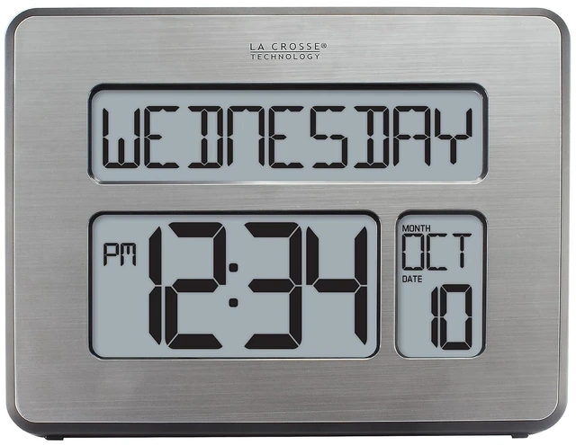 Main image of C86279 Atomic Full Calendar Clock with Extra Large Digits, Grey, 11.25 in. x 2.10 in. x 12.00 in.