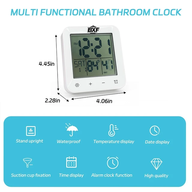 Alt view image 2 of 7 - Digital Shower Clock Waterproof,Bathroom Extra Large LCD Screen Wall Clock Timer,Countdown,Moisture Proof,Anti Splash,Display Temperature,Time,Date and Week,Suction Cup,Hanging,Hole Stand