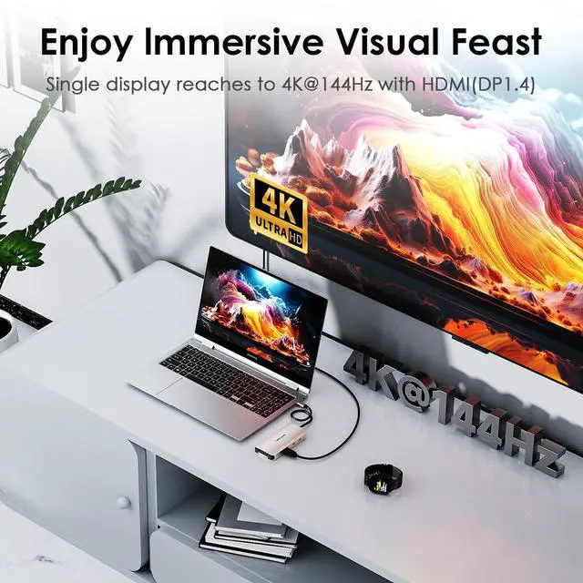Alt view image 8 of 9 - 8 in 1 USB C Hub with M.2 NVMe/SATA SSD Enclosure 10Gbps, 4K@144Hz HDMI, USB-C/A 10Gb, 100W PD, Aluminum Alloy USB C Enclosure for M.2 NVMe SATA SSD for M1/M2/M3/M4 MacOS Systems