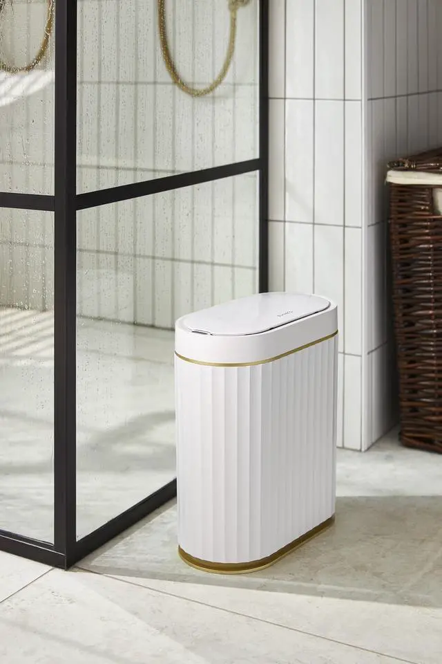 Alt view image 9 of 14 - Bathroom Trash Can with Lid 2 Gallon Sensor Garbage Can, Automatic Trash Bin, Motion Sensor Trash Can, IPX5 Waterproof Plastic Wastebasket for Bathroom, Bedroom, Kitchen, Office, White Gold