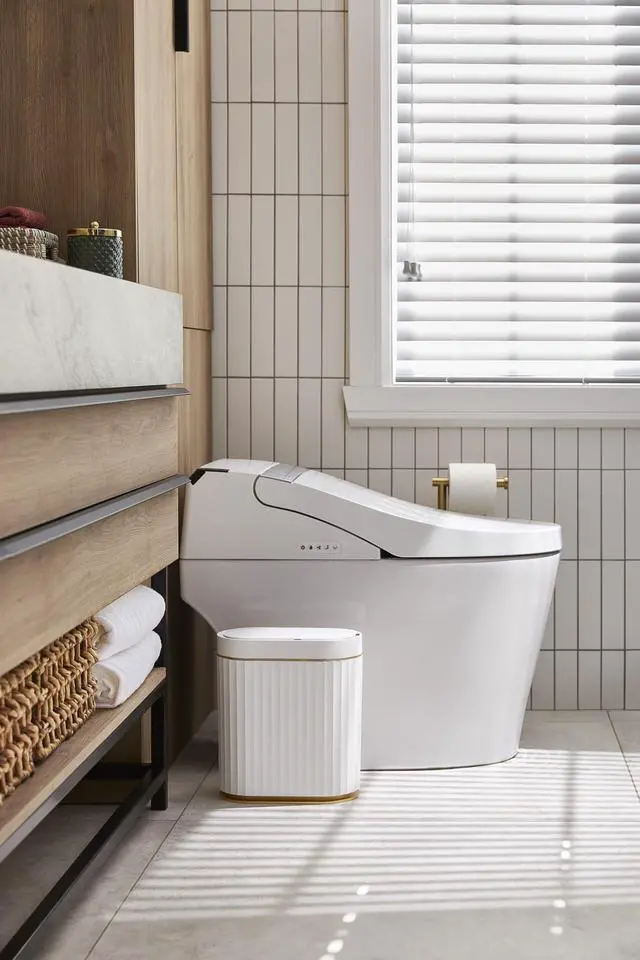 Alt view image 10 of 14 - Bathroom Trash Can with Lid 2 Gallon Sensor Garbage Can, Automatic Trash Bin, Motion Sensor Trash Can, IPX5 Waterproof Plastic Wastebasket for Bathroom, Bedroom, Kitchen, Office, White Gold