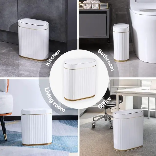 Alt view image 13 of 14 - Bathroom Trash Can with Lid 2 Gallon Sensor Garbage Can, Automatic Trash Bin, Motion Sensor Trash Can, IPX5 Waterproof Plastic Wastebasket for Bathroom, Bedroom, Kitchen, Office, White Gold