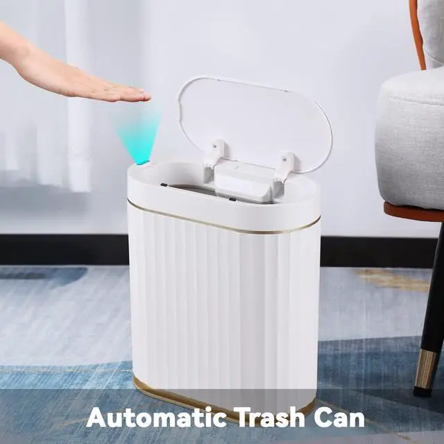 Alt view image 14 of 14 - Bathroom Trash Can with Lid 2 Gallon Sensor Garbage Can, Automatic Trash Bin, Motion Sensor Trash Can, IPX5 Waterproof Plastic Wastebasket for Bathroom, Bedroom, Kitchen, Office, White Gold