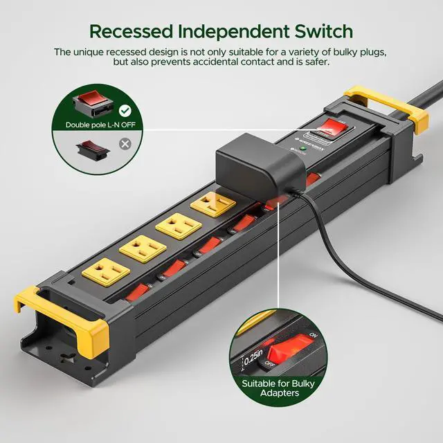 Alt view image 8 of 12 - 6 Outlet Heavy Duty Power Strip with Individual Switches, 3300J Surge Protector Metal Mountable Power Strip, 6FT Cord Management, Wide-Spaced, ETL Listed (15A/1875W)