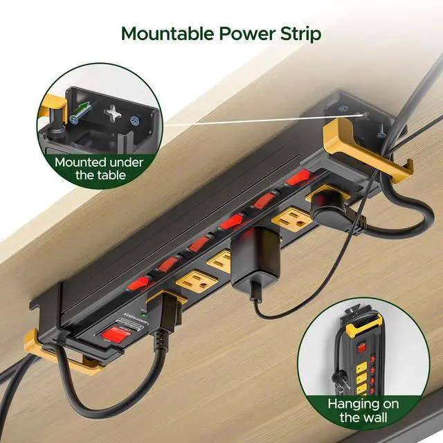 Alt view image 9 of 12 - 6 Outlet Heavy Duty Power Strip with Individual Switches, 3300J Surge Protector Metal Mountable Power Strip, 6FT Cord Management, Wide-Spaced, ETL Listed (15A/1875W)