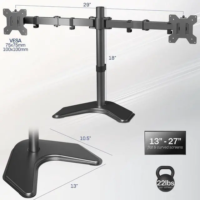 Alt view image 10 of 14 - STAND-V002F Dual LED LCD Monitor Free-Standing Desk Stand for 2 Screens up to 27 Inch Heavy-Duty Fully Adjustable Arms with Max VESA 100x100mm