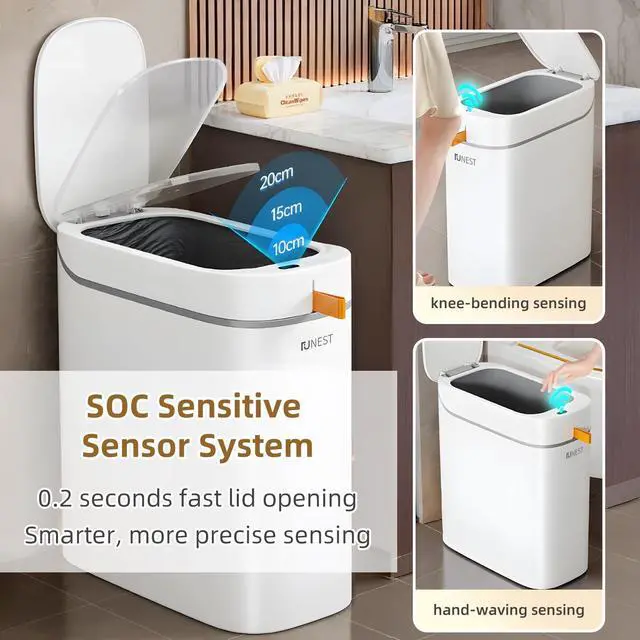 Alt view image 9 of 14 - Smart Bathroom Trash Can with Lid- 3.5 Gallon Rechargeable Motion Sensor Trash Can,Waterproof Automatic Garbage Can with Automatic Suction Bag Feature,Waste Bin for Bedroom, Kitchen, Office