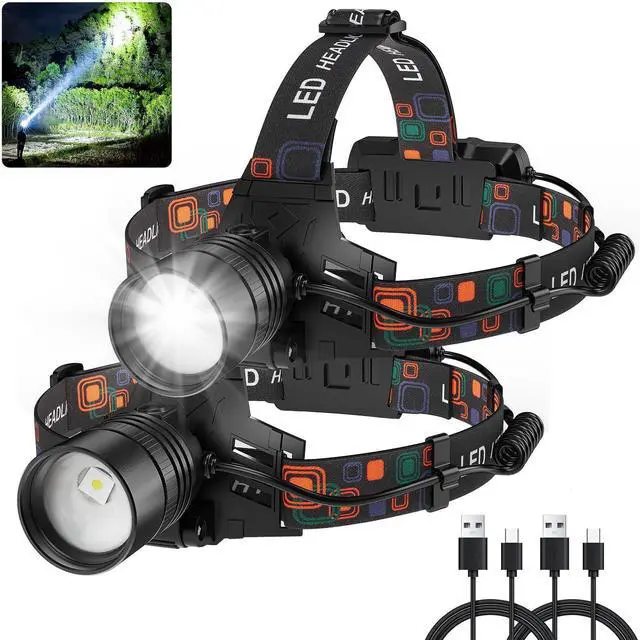 Alt view image 8 of 14 - Rechargeable Headlamp 2Pack, 99000 Lumens Super Bright LED Head Lamp with 3 Modes, 90° Adjustable Head Lights for Forehead, 45H Long Runtime & IPX6 Waterproof HeadLamps for Camping Hunting Hiking