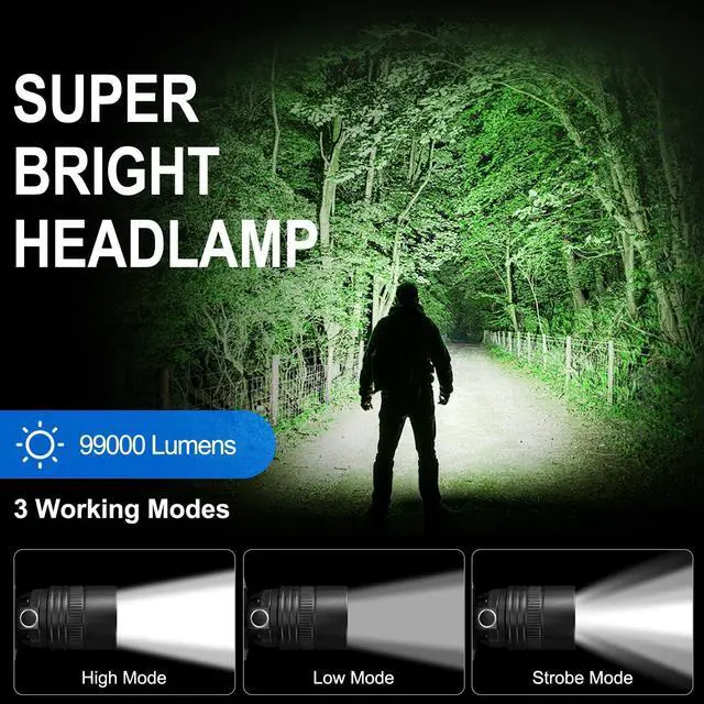 Alt view image 9 of 14 - Rechargeable Headlamp 2Pack, 99000 Lumens Super Bright LED Head Lamp with 3 Modes, 90° Adjustable Head Lights for Forehead, 45H Long Runtime & IPX6 Waterproof HeadLamps for Camping Hunting Hiking