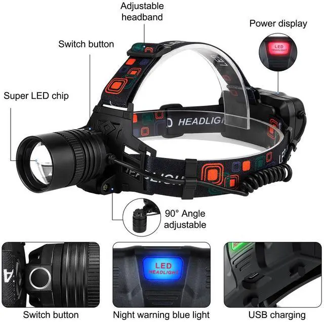 Alt view image 14 of 14 - Rechargeable Headlamp 2Pack, 99000 Lumens Super Bright LED Head Lamp with 3 Modes, 90° Adjustable Head Lights for Forehead, 45H Long Runtime & IPX6 Waterproof HeadLamps for Camping Hunting Hiking