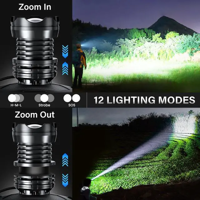 Alt view image 10 of 14 - Rechargeable LED Headlamp Super Bright, 99000 High Lumens Head Lamp Zoomable, 25Dys+ Runtime & 12 Mode & Lightweight Comfort & 125° Adjustable IPX-7 Waterproof Head Light for Outdoor,Hardhat