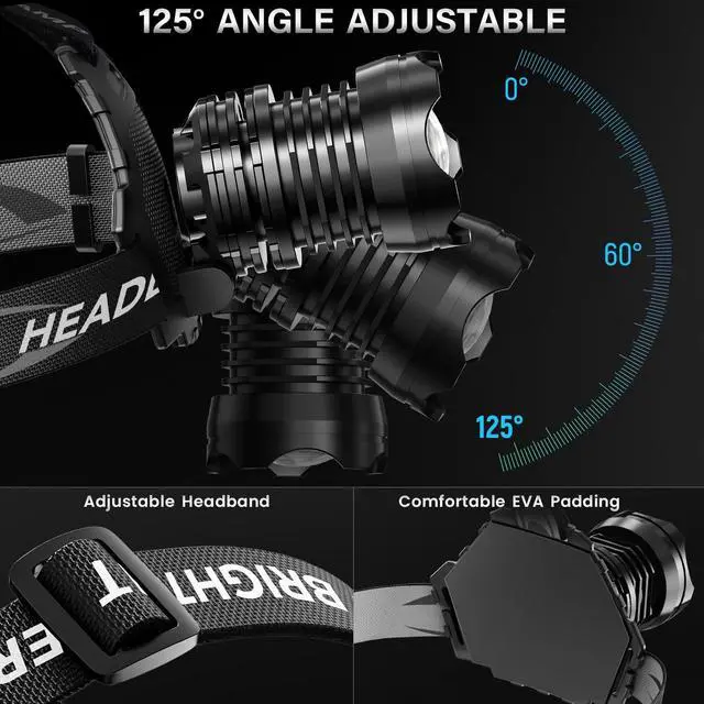 Alt view image 14 of 14 - Rechargeable LED Headlamp Super Bright, 99000 High Lumens Head Lamp Zoomable, 25Dys+ Runtime & 12 Mode & Lightweight Comfort & 125° Adjustable IPX-7 Waterproof Head Light for Outdoor,Hardhat