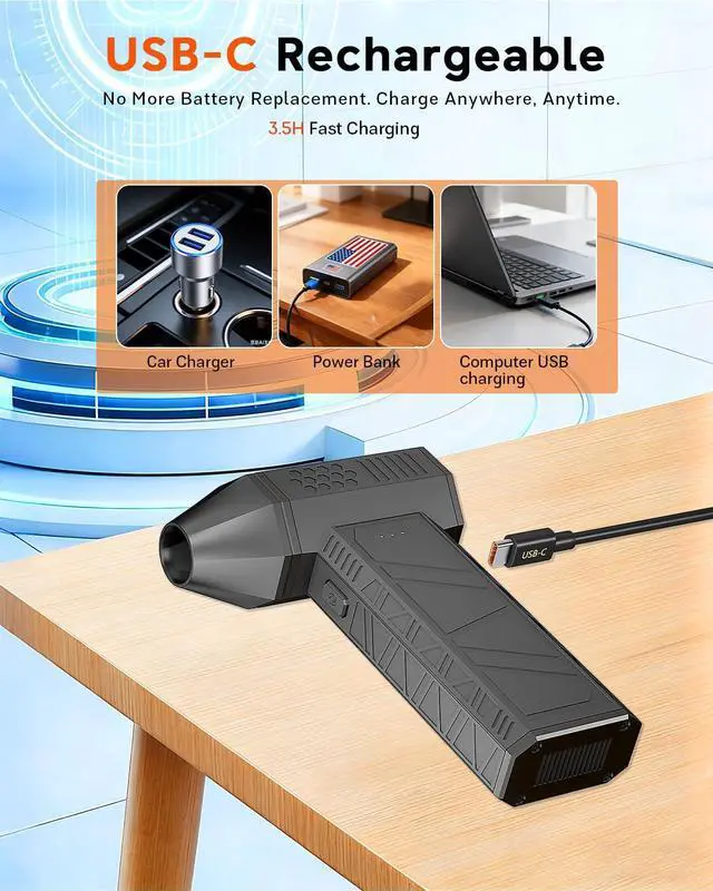 Alt view image 14 of 14 - Compressed Air Duster, 180000RPM Electric Air Duster, Rechargeable Cordless Air Blower with 3-Gear Turbo Fan, Canned Air Alternative for Keyboard, PC, Computer, Car, Home & Outdoor Use (Pure Black)