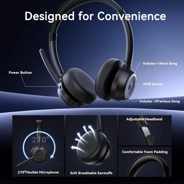 Alt view image 12 of 14 - (2026 Upgraded) Wireless Headset with Mic for Work, Bluetooth Headset with Noise Canceling Microphone, Wireless Headphones with Mic and USB Dongle and Mute, Fit for Computer/PC/Teams