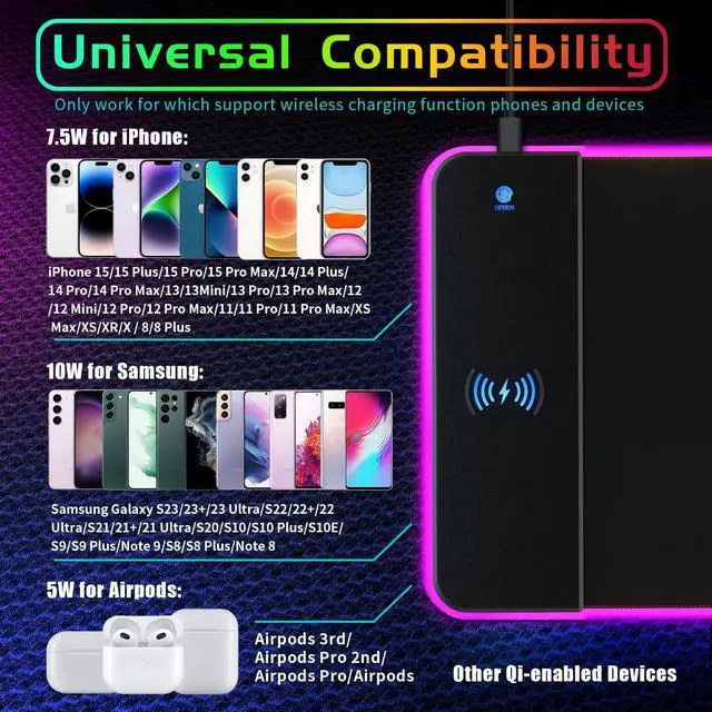 Alt view image 8 of 10 - RGB Gaming Mouse Pad With 15W Wireless Charging, Extra Large LED Mousepad, 14 Light Modes, XXL Size, Ergonomic Computer Pad, Non-Slip Rubber Base for Laptop, Gifts for Gamer/Men