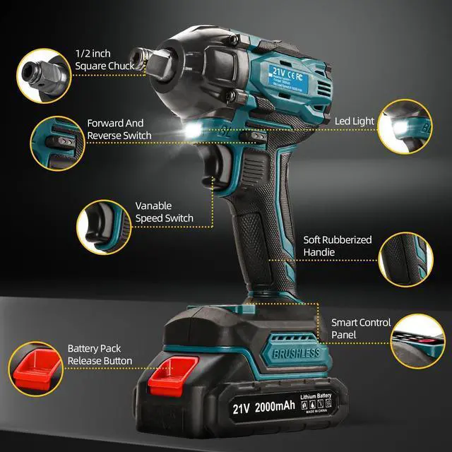 Alt view image 9 of 14 - Cordless Impact Wrench, 21V Torque Power Impact Driver, 1/2" Power Impact Wrenches with 2 * 2.0Ah Batteries with 19 Accessories, Electric Impact Motor Variable Speeds for home installation (Blue)