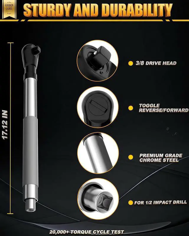 Alt view image 9 of 10 - 3/8" Offset Extension Wrench for Electric Drill, Impact Ratchet Extender for Tight Spaces, with 4 Adapters