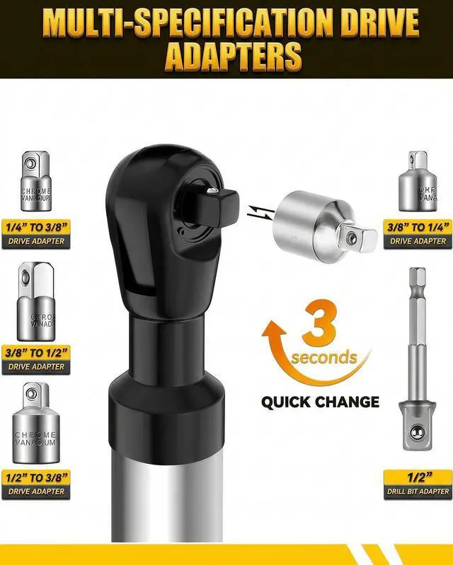 Alt view image 10 of 10 - 3/8" Offset Extension Wrench for Electric Drill, Impact Ratchet Extender for Tight Spaces, with 4 Adapters
