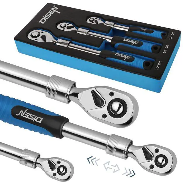 Alt view image 8 of 14 - 3PCS Extendable Ratchet Wrench Set,1/4" 3/8" 1/2" Drive 72-Tooth, Quick-Release, Reversible Drive Socket Wrenches,Soft Grip Handle with Storage Tray