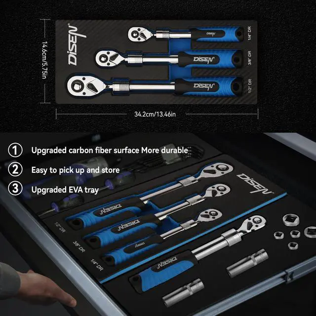 Alt view image 12 of 14 - 3PCS Extendable Ratchet Wrench Set,1/4" 3/8" 1/2" Drive 72-Tooth, Quick-Release, Reversible Drive Socket Wrenches,Soft Grip Handle with Storage Tray