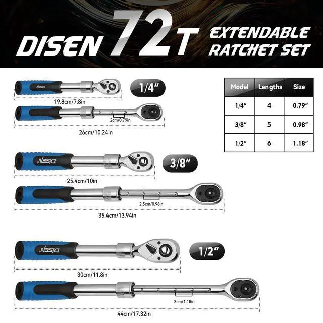 Alt view image 13 of 14 - 3PCS Extendable Ratchet Wrench Set,1/4" 3/8" 1/2" Drive 72-Tooth, Quick-Release, Reversible Drive Socket Wrenches,Soft Grip Handle with Storage Tray