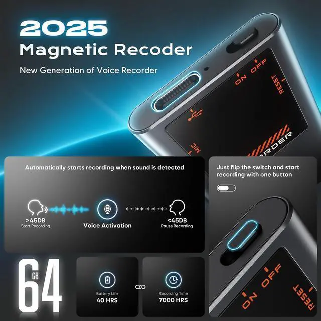 Alt view image 9 of 14 - Magnetic Voice Activated Recorder - (7000 Hours) Voice Recorder with DSP 5.0-AI Noise Cancellation - 64GB Portable Recording Device, Voice Recorder with Playback for Work, Meetings, Lectures