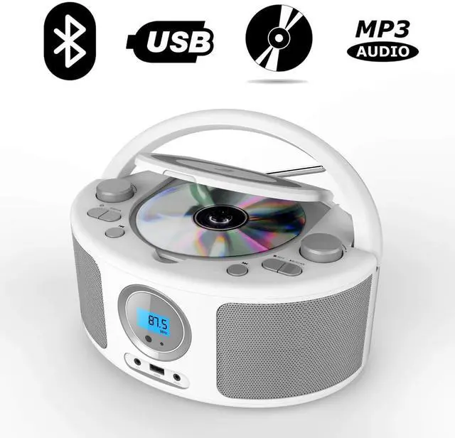 Alt view image 10 of 14 - Portable CD Player Boombox with Bluetooth, FM Radio, Remote Control, USB Port and 3.5mm AUX Headphone Jack, Clear Stereo Sound, 4 Watts of Audio, AC/Battery Powered