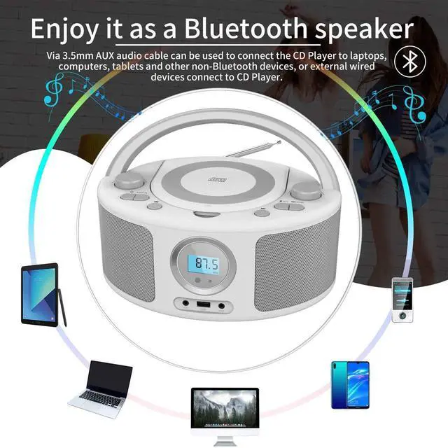 Alt view image 11 of 14 - Portable CD Player Boombox with Bluetooth, FM Radio, Remote Control, USB Port and 3.5mm AUX Headphone Jack, Clear Stereo Sound, 4 Watts of Audio, AC/Battery Powered