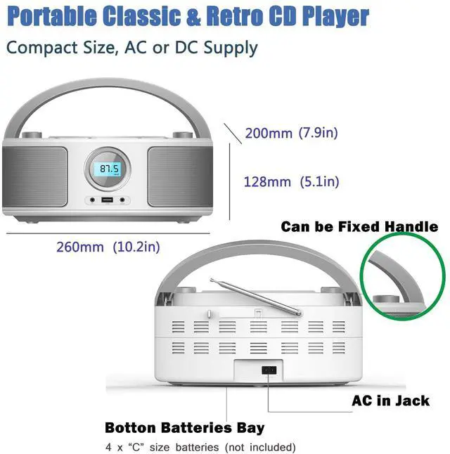 Alt view image 12 of 14 - Portable CD Player Boombox with Bluetooth, FM Radio, Remote Control, USB Port and 3.5mm AUX Headphone Jack, Clear Stereo Sound, 4 Watts of Audio, AC/Battery Powered