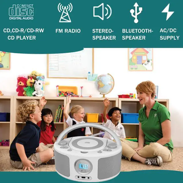 Alt view image 13 of 14 - Portable CD Player Boombox with Bluetooth, FM Radio, Remote Control, USB Port and 3.5mm AUX Headphone Jack, Clear Stereo Sound, 4 Watts of Audio, AC/Battery Powered