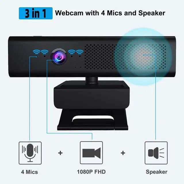 Alt view image 9 of 14 - Full 1080P HD 3-in-1 Webcam: Camera and Speaker for Desktop Computer with Built-in 4 Microphones, External USB Web Cam with Magnetic Privacy Cover and Mute for Laptop, Streaming, Conference