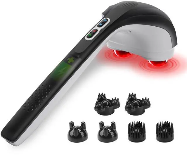 Alt view image 8 of 14 - Cordless Handheld Back Massager with Heat, Deep Tissue Percussion Massager, 3 Sets of Dual Pivoting Heads,Rechargeable Hand Held Massager for Neck,Back Shoulder,Calf,Legs
