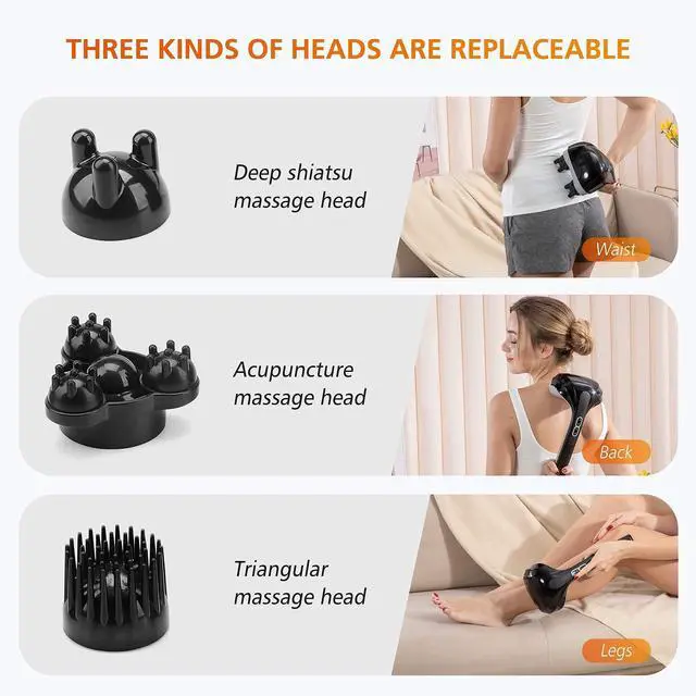 Alt view image 11 of 14 - Cordless Handheld Back Massager with Heat, Deep Tissue Percussion Massager, 3 Sets of Dual Pivoting Heads,Rechargeable Hand Held Massager for Neck,Back Shoulder,Calf,Legs