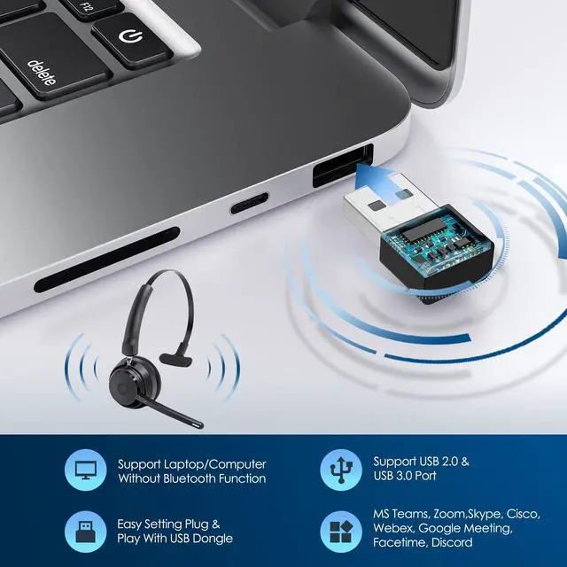 Alt view image 9 of 14 - Bluetooth Headset, Wireless Headphone with AI Noise-Canceling Microphone On Ear Wireless Headset with USB Dongle for Computer Office