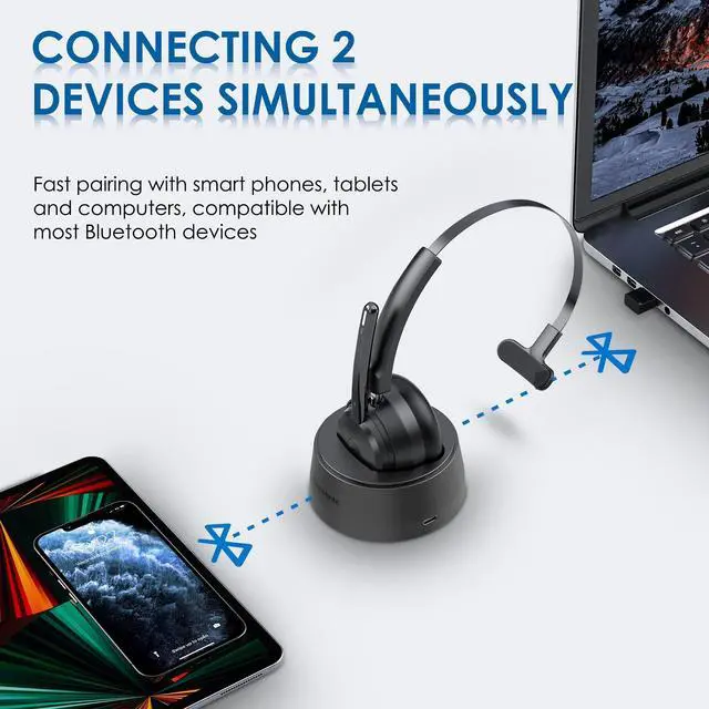 Alt view image 10 of 14 - Bluetooth Headset, Wireless Headphone with AI Noise-Canceling Microphone On Ear Wireless Headset with USB Dongle for Computer Office
