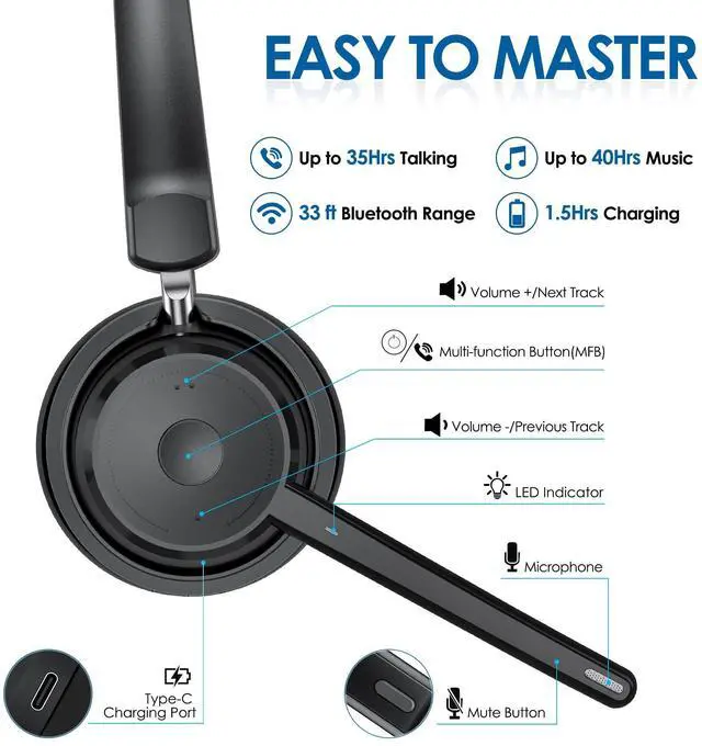 Alt view image 12 of 14 - Bluetooth Headset, Wireless Headphone with AI Noise-Canceling Microphone On Ear Wireless Headset with USB Dongle for Computer Office